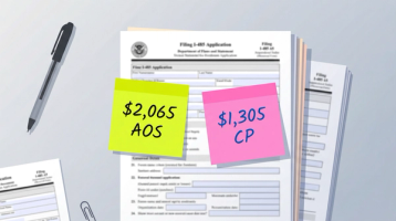 Form I-485 application with sticky notes showing $2,065 AOS fee and $1,305 CP fee comparison for I-130 filing cost breakdown in 2026