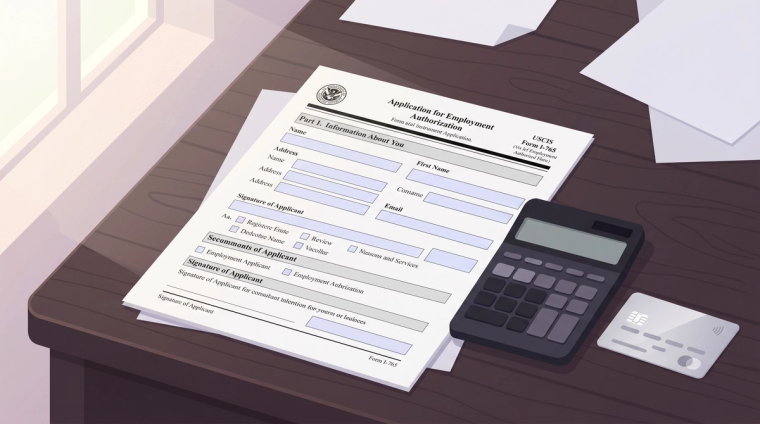I-765 OPT Filing Fee Cost Breakdown 2026 | Immiva Form I-765 application on a desk next to a calculator and an EAD card, representing OPT filing fee costs