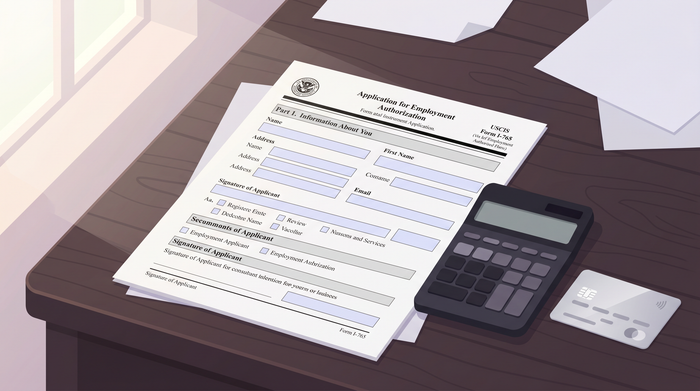 I-765 OPT Filing Fee Cost Breakdown 2026 | Immiva Form I-765 application on a desk next to a calculator and an EAD card, representing OPT filing fee costs