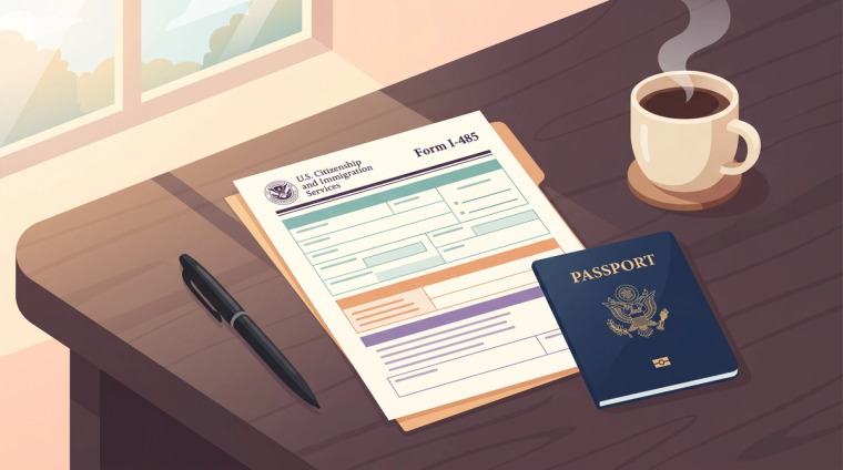 Filing Form I-485 application packet 2026 | Immiva Form I-485 adjustment of status application packet on a desk with a U.S. passport and pen, ready for filing in 2026