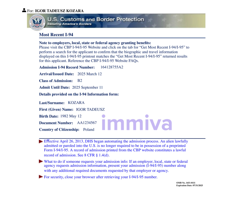 Illustration of a U.S. Customs and Border Protection I-94 form example provided by Immiva to explain travel admission records