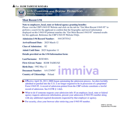 Example of I-94 Form Arrival-Departure - by Immiva