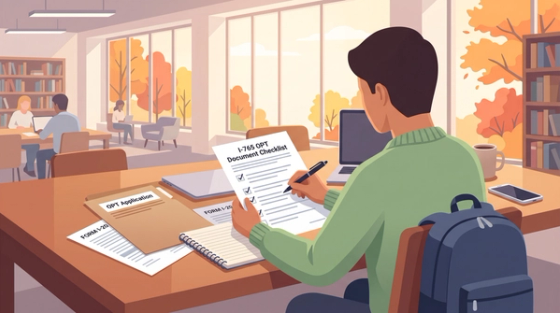 F-1 student in a library reviewing an I-765 OPT document checklist next to a laptop and OPT application papers