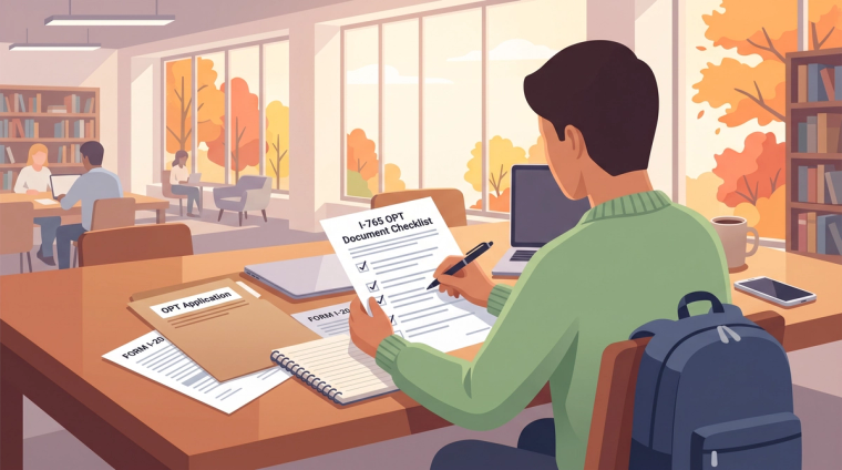 F-1 student in a library reviewing an I-765 OPT document checklist next to a laptop and OPT application papers