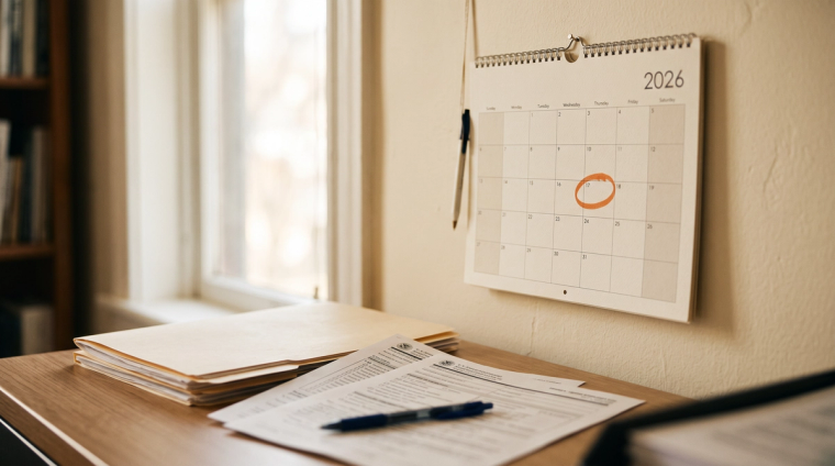 File N-400 Before the 2026 Fee Increase | Immiva A 2026 wall calendar with a filing date circled in orange above a desk of US immigration forms, marking the window to file Form N-400 before the fee increase