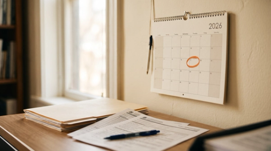 A 2026 wall calendar with a filing date circled in orange above a desk of US immigration forms, marking the window to file Form N-400 before the fee increase