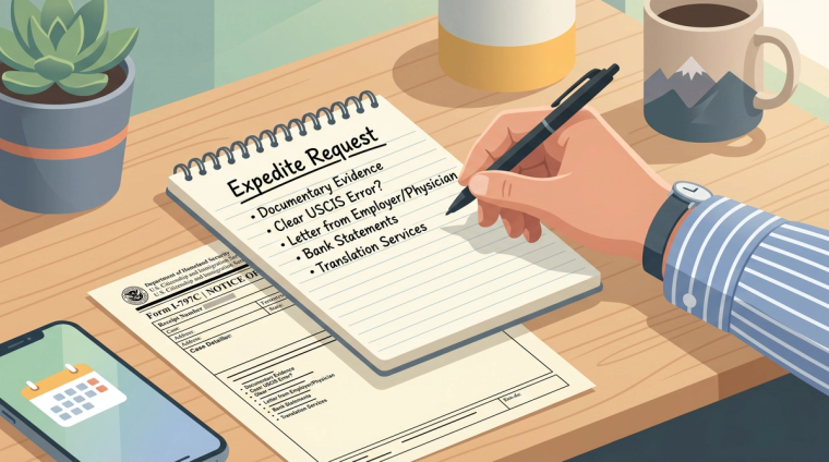 Preparing a USCIS I-485 Expedite Request Checklist | Immiva Hand writing an expedite request checklist on a notepad beside a USCIS form, calendar phone, and coffee mug on a desk