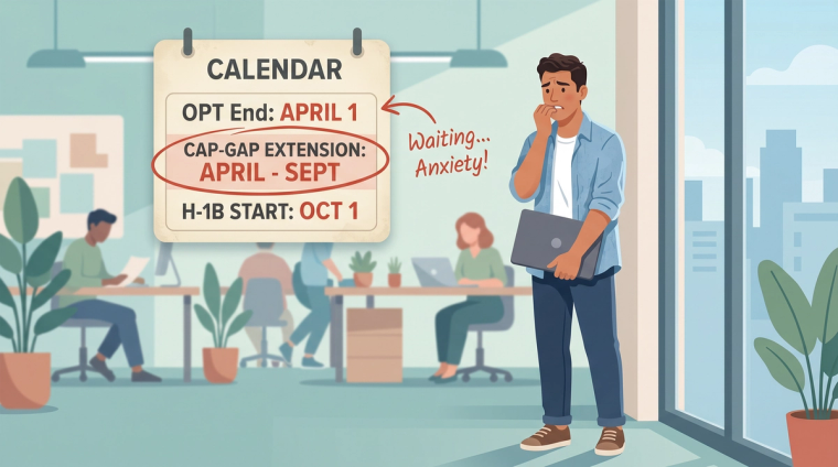 OPT Cap-Gap Extension Timeline Calendar | Immiva Worker beside a calendar marking OPT end in April, cap-gap through September, and H-1B start in October