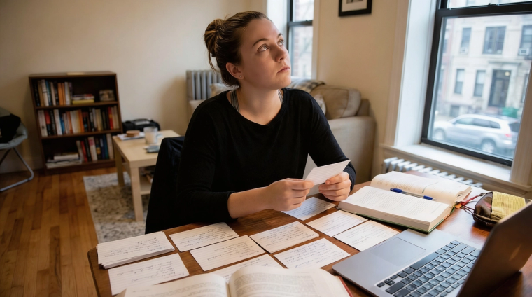 Person Studying With Flashcards for Citizenship Test | Immiva Person studying with flashcards at a desk preparing for U.S. citizenship test