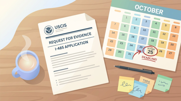 USCIS Request for Evidence for an I-485 Application | Immiva USCIS Request for Evidence letter for an I-485 application beside a calendar with a circled response deadline