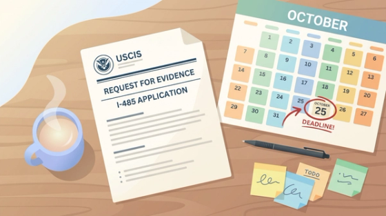USCIS Request for Evidence letter for an I-485 application beside a calendar with a circled response deadline