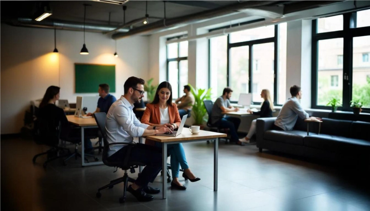 Collaborative Workspace: Skilled Professionals Navigating the H-1B Visa Process | Immiva A diverse group of skilled professionals working together in a modern co-working space, reflecting the collaborative environment and new opportunities enabled by updated H-1B visa rules