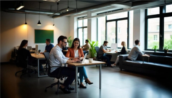 A diverse group of skilled professionals working together in a modern co-working space, reflecting the collaborative environment and new opportunities enabled by updated H-1B visa rules
