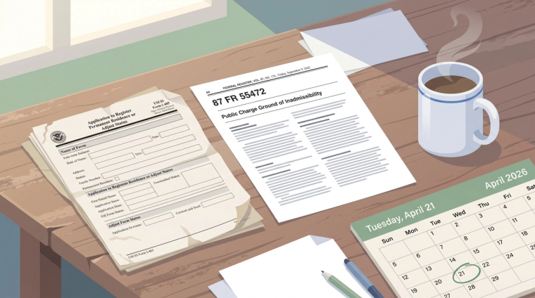 I-485 and the Public Charge Rule in 2026 | Immiva USCIS forms with a public charge ground of inadmissibility document, coffee mug, and April 2026 calendar on a desk