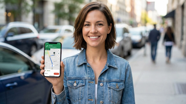 J2 visa holder using gig app for freelance work in the USA | Immiva Smiling woman holding smartphone displaying a map navigation app, representing gig economy work opportunities like Uber and DoorDash available to J2 EAD holders