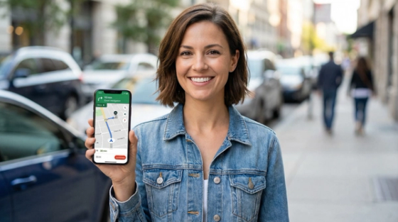 Smiling woman holding smartphone displaying a map navigation app, representing gig economy work opportunities like Uber and DoorDash available to J2 EAD holders