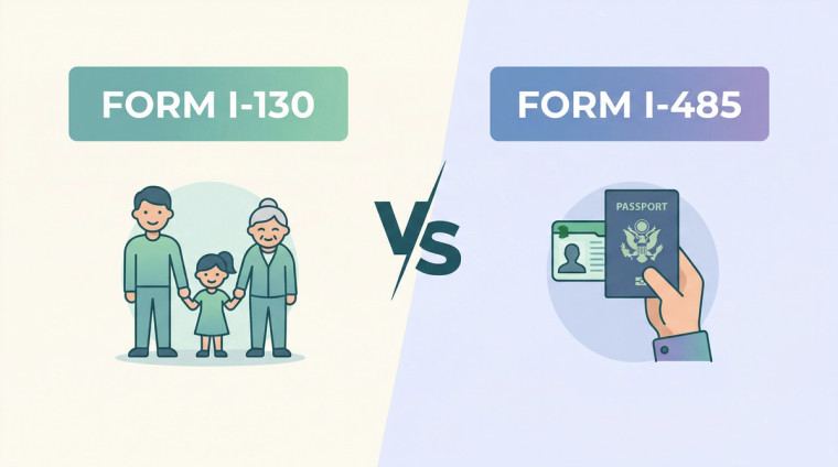 I-130 vs I-485 Side-by-Side Immigration Form Comparison | Immiva Side-by-side comparison of Form I-130 Petition for Alien Relative and Form I-485 Application for Permanent Residence showing the key differences between the two immigration forms
