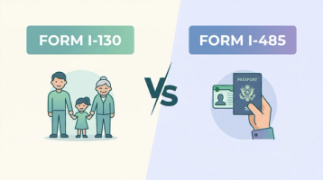 Side-by-side comparison of Form I-130 Petition for Alien Relative and Form I-485 Application for Permanent Residence showing the key differences between the two immigration forms