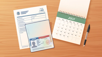 Flat-lay photograph of I-485 receipt notice, passport, and calendar illustrating the I-485 processing time waiting period in 2026