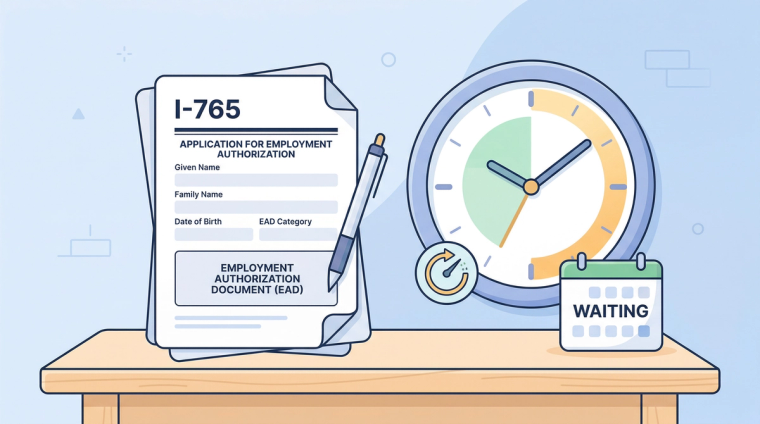 Form I-765 Employment Authorization Waiting with Clock Illustration | Immiva Illustration of Form I-765 application for employment authorization next to a clock and waiting calendar, representing H-4 EAD premium processing and expedite options