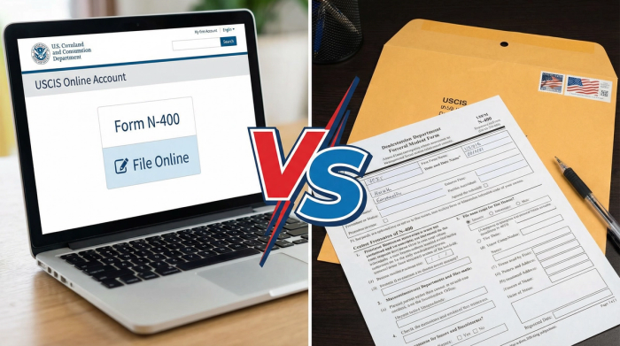 N-400 Online vs Paper Filing USCIS Portal Comparison | Immiva Split screen comparison of USCIS online account with Form N-400 file online button on laptop versus paper N-400 form in USCIS envelope