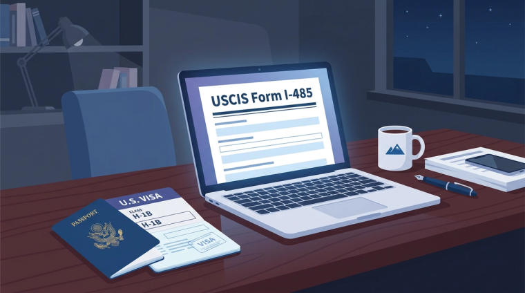 Filing USCIS Form I-485 From H-1B Status | Immiva Nighttime home desk with a laptop showing USCIS Form I-485, alongside a U.S. visa and passport for a green card adjustment