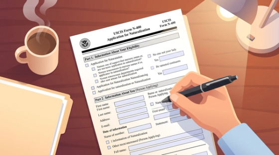 Applicant filling out Form N-400 Application for Naturalization after bankruptcy, showing the form is focused on eligibility rather than financial history