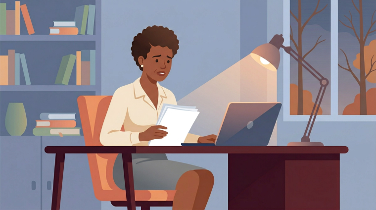 H-4 EAD Policy Uncertainty Concerned Professional Woman | Immiva Worried Black professional woman reviewing H-4 EAD work authorization documents at her desk, representing uncertainty over 2026 H-4 EAD cancellation policy