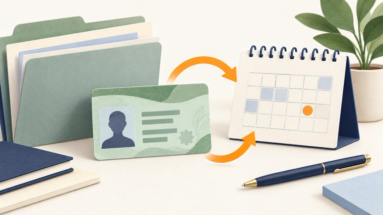 Green card renewal with card, calendar, and document folder | Immiva Green card renewal illustration with a generic green identity card, calendar, folder, and circular arrows on a cream desk
