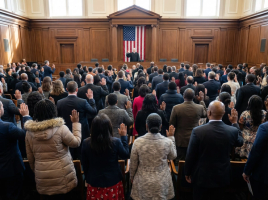 New United States citizens raising their right hands and taking the Oath of Allegiance in a courtroom during a naturalization ceremony after approval of Form N-400 Application for Naturalization