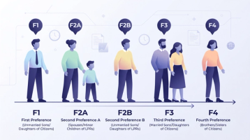 Illustration showing five family preference categories waiting in a visa queue with indicators of each category's typical wait time