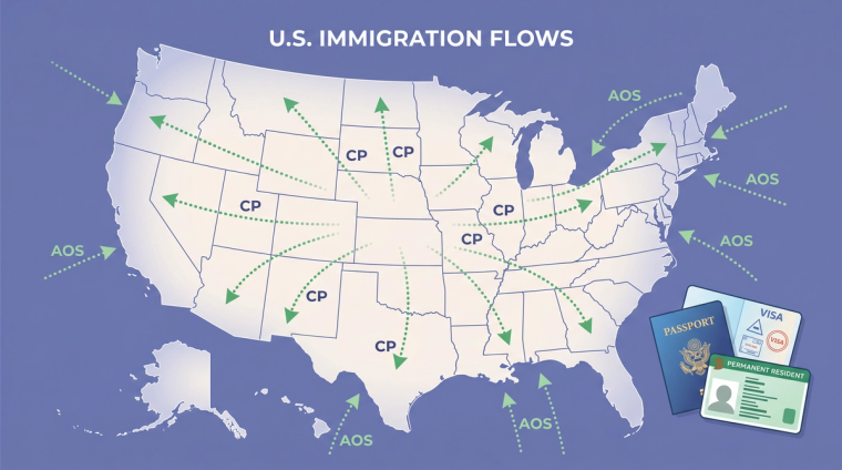 Adjustment of Status vs Consular Processing Green Card Map | Immiva U.S. map comparing Adjustment of Status and Consular Processing green card paths
