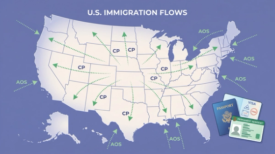 U.S. map comparing Adjustment of Status and Consular Processing green card paths