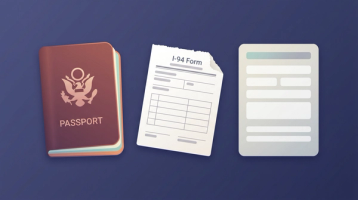 H-4 EAD Form I-765 filing documents flat-lay | Immiva Flat-lay of H-4 EAD Form I-765 filing materials including a passport, I-94 printout, and a blank application form on an indigo background