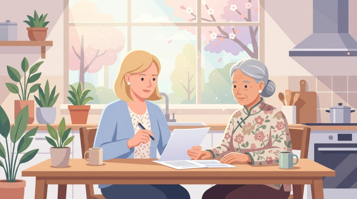 US Citizen Daughter Helping Immigrant Mother File I-130 for Parents | Immiva American woman sitting with her elderly East Asian immigrant mother at a kitchen table reviewing Form I-130 petition for parents immigration paperwork