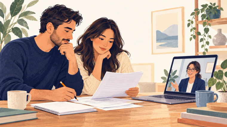 Considering legal help with a K-1 visa petition | Immiva Couple reviewing fiancé visa paperwork beside a laptop with a legal adviser on a video call
