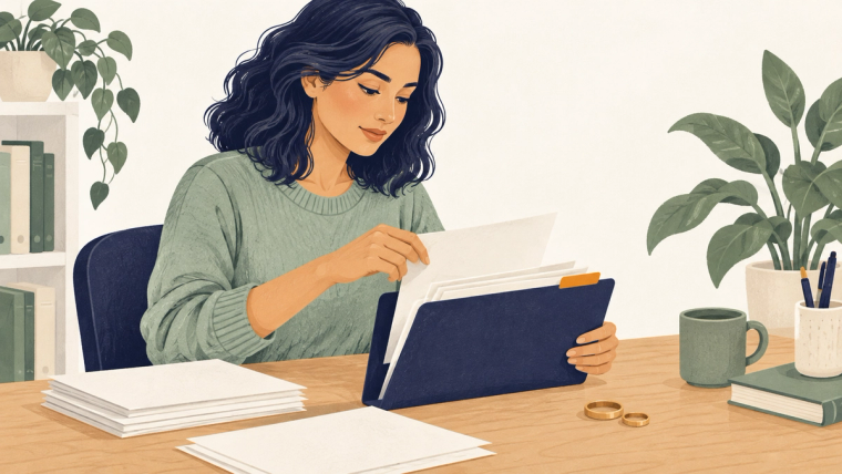 I-751 divorce after filing jointly: organizing an amendment | Immiva An adult sorts blank records into a navy folder while two wedding rings rest apart on a cream desk.