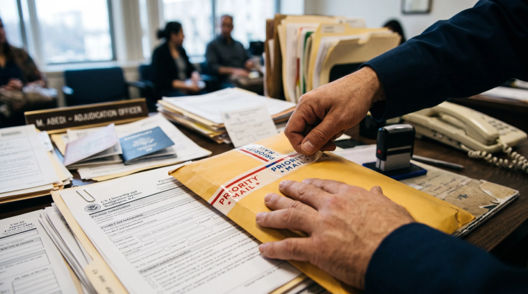 Preparing a Concurrent Marriage Green Card Packet | Immiva Person sealing a USCIS envelope containing a concurrent I-130 and I-485 marriage green card filing packet, with a Form G-1450 payment authorization on the desk.