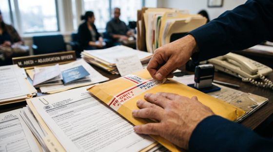 Person sealing a USCIS envelope containing a concurrent I-130 and I-485 marriage green card filing packet, with a Form G-1450 payment authorization on the desk.
