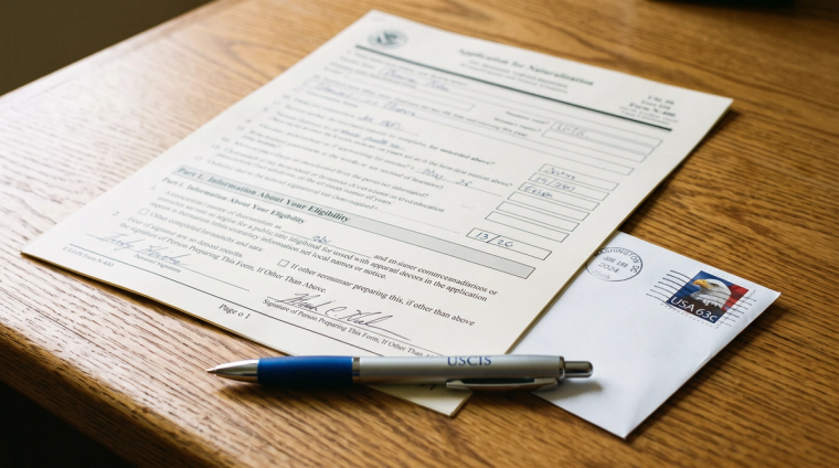 Form N-400 ready to mail before the 2026 fee increase | Immiva Completed Form N-400 application for naturalization next to a stamped envelope, illustrating the N-400 fee increase 2026 filing window