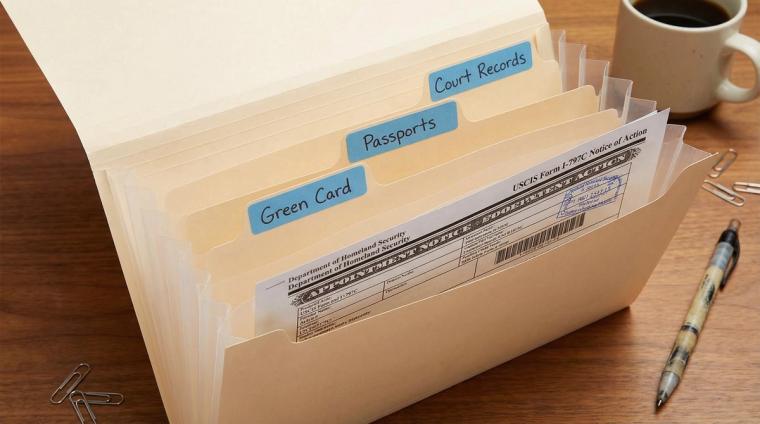 Citizenship Interview Documents Checklist | Immiva Organized folder system with labeled documents ready for citizenship interview including green card and passports