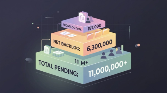 Layered diagram comparing USCIS case counts in 2026: total pending over 11 million, net backlog 6.3 million, and frontlog 197,000.