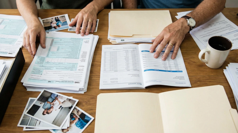 Couple's hands organizing I-751 immigration paperwork together at a desk