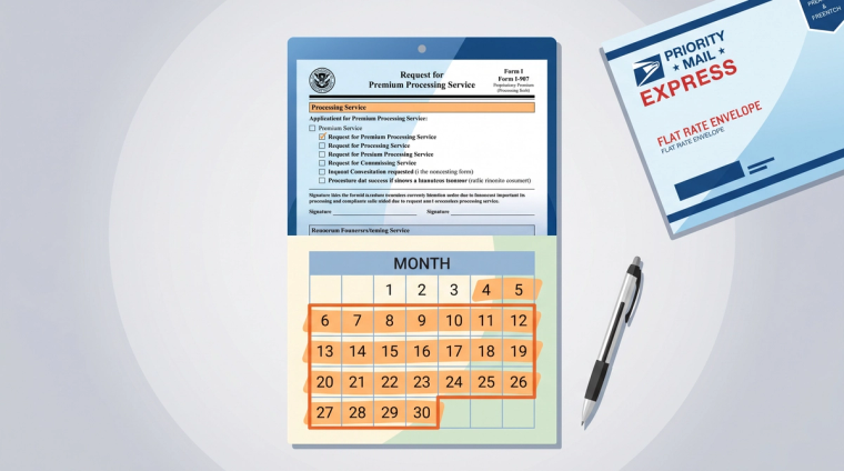 I-907 Premium Processing Form With Calendar and Mailer | Immiva Top-down view of a USCIS premium processing form, a calendar, and a Priority Mail Express envelope
