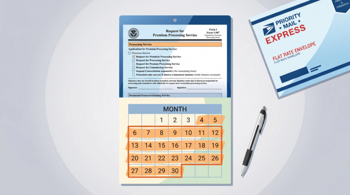 I-907 Premium Processing Form With Calendar and Mailer | Immiva Top-down view of a USCIS premium processing form, a calendar, and a Priority Mail Express envelope