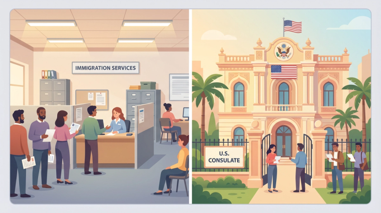 Adjustment of Status vs Consular Processing 2026 | Immiva Split image comparing adjustment inside the U.S. with consular processing abroad under the 2026 memo