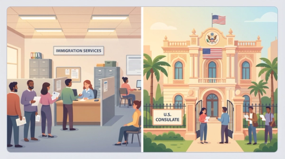 Split image comparing adjustment inside the U.S. with consular processing abroad under the 2026 memo