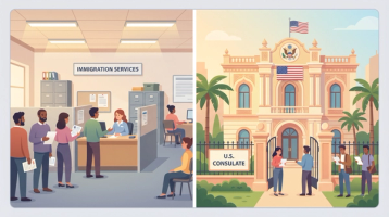 Split image comparing adjustment inside the U.S. with consular processing abroad under the 2026 memo