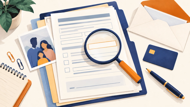 I-130 common mistakes: checking a family petition before filing | Immiva Family petition packet with a magnifying glass over a blank field, a family photo, pen, unbranded payment card, and envelope.