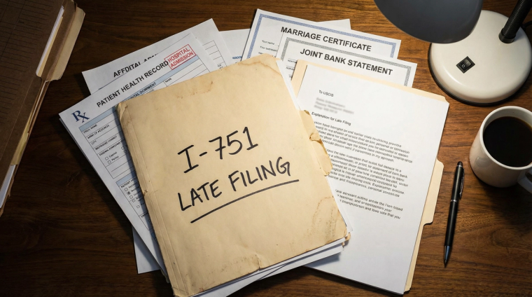 I-751 Late Filing Document Folder | Immiva Document folder labeled I-751 late filing with important deadlines and memos